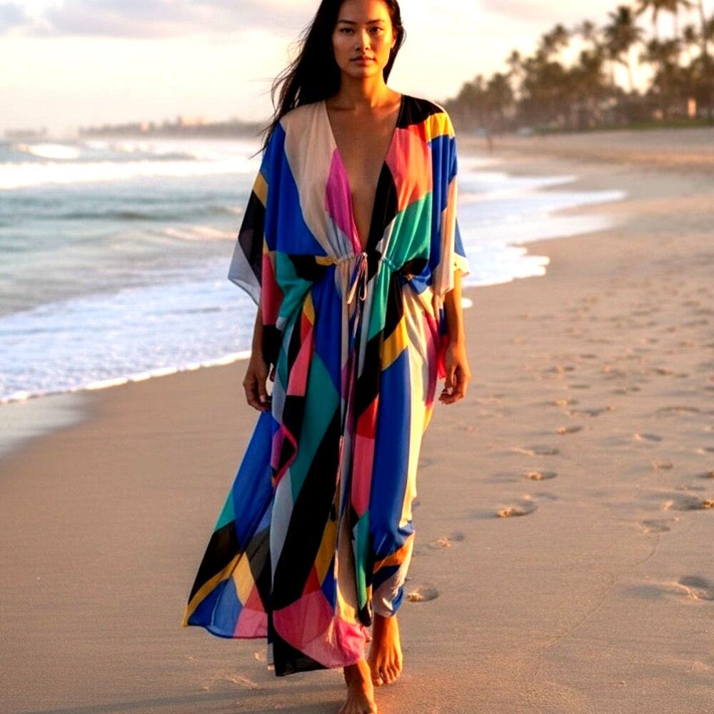 NWOT SwimCoverup Bright Geometric Print Tie Front Maxi Chiffon ONE SIZE